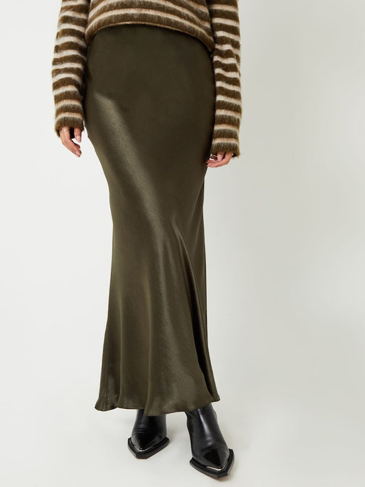 OLIVE GREEN| SATIN MIDI SKIRT