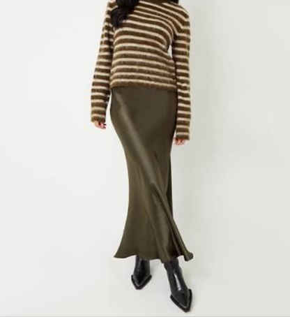 OLIVE GREEN| SATIN MIDI SKIRT