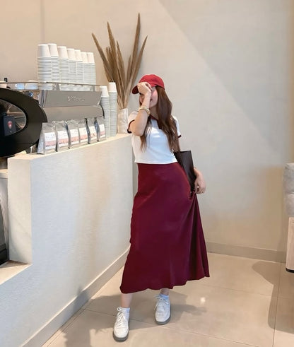 MAROON LIT| SATIN MIDI SKIRT