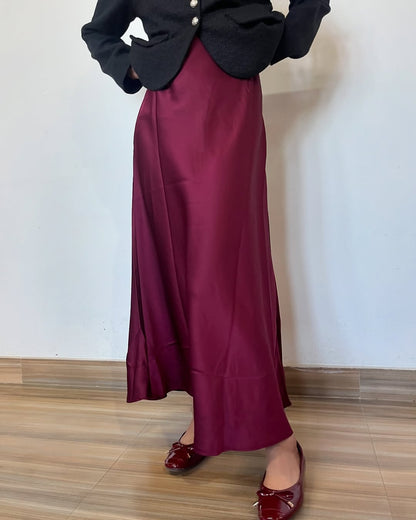 MAROON LIT| SATIN MIDI SKIRT