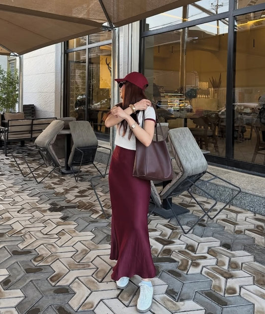MAROON LIT| SATIN MIDI SKIRT
