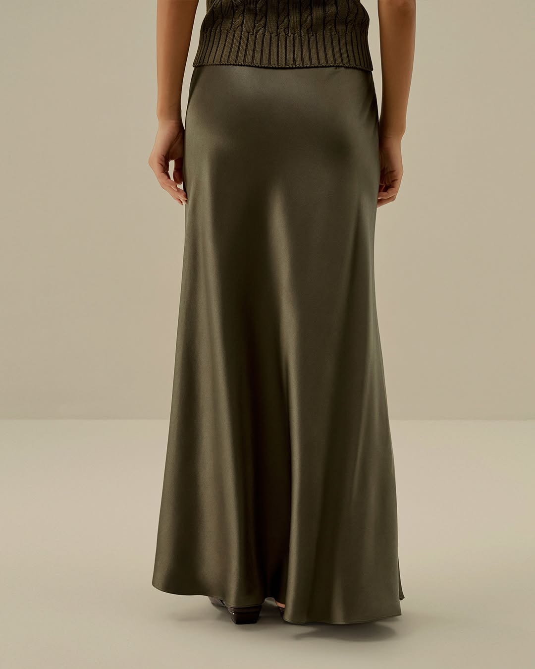 OLIVE GREEN| SATIN MIDI SKIRT