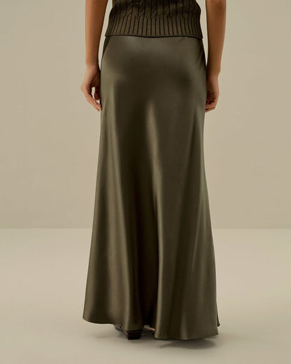 OLIVE GREEN| SATIN MIDI SKIRT