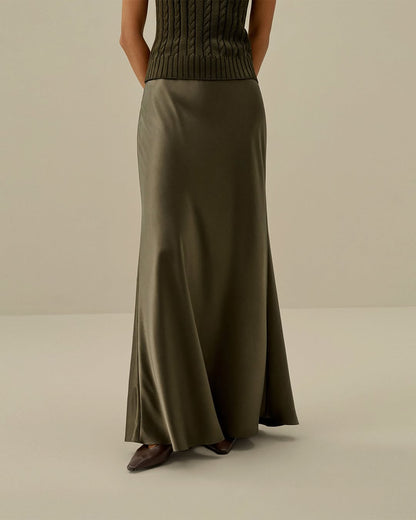 OLIVE GREEN| SATIN MIDI SKIRT