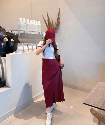 MAROON LIT| SATIN MIDI SKIRT